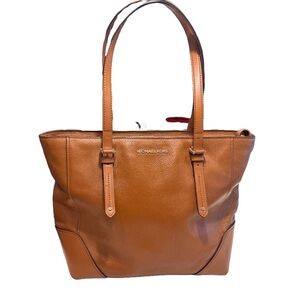 Michael Kors Aria Leather Top Zip Large Tote Handbag Tan/Brown